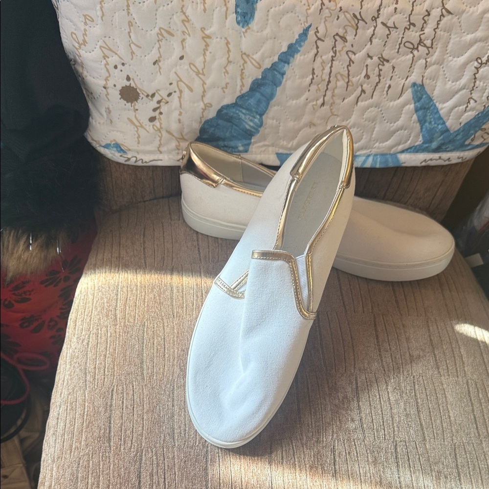 Liz Claiborne White and Gold Sneakers